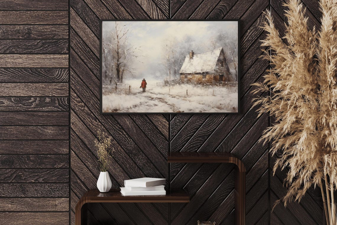 Snowy Cottage Red Coat Figure Falling Snow Vintage Winter Painting - Image 2