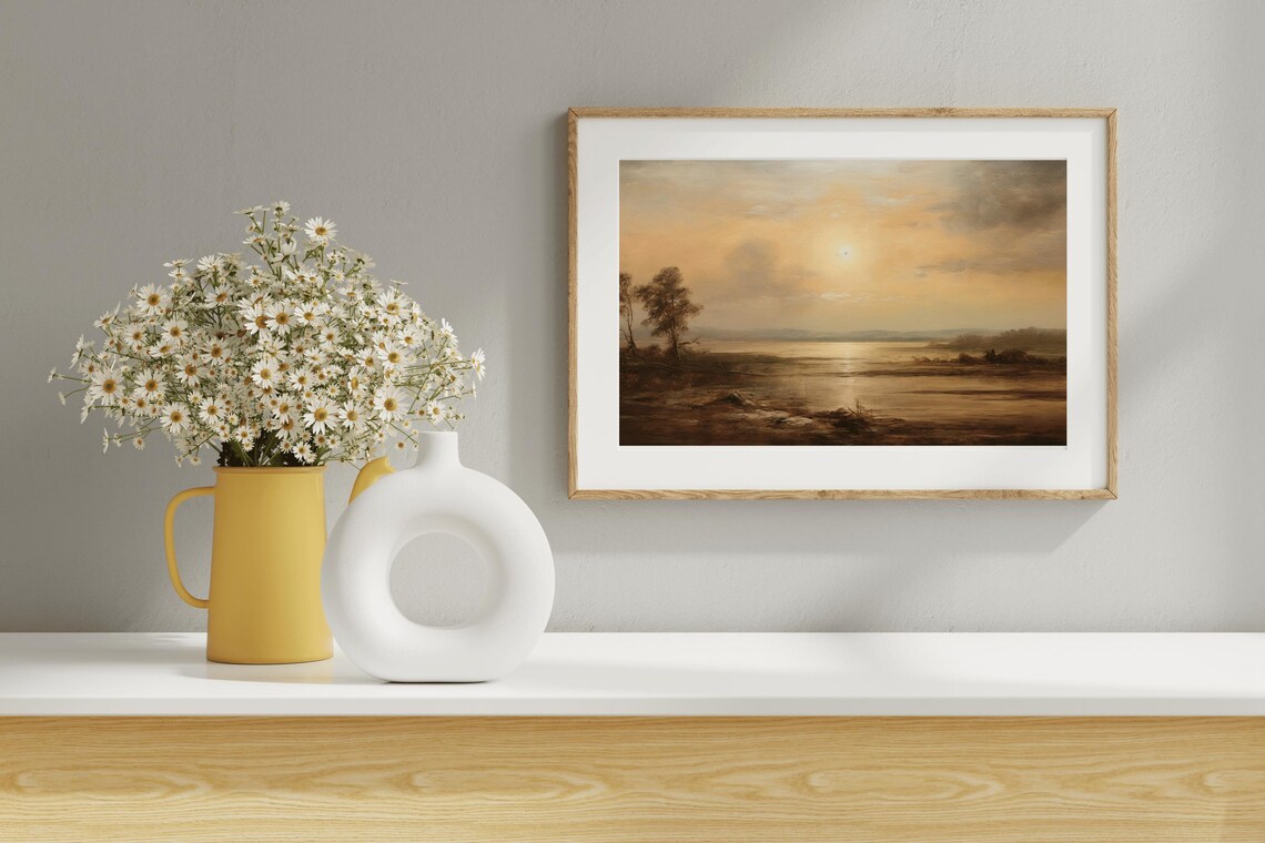 Golden Sunset Calm Lake Shore Lone Tree Warm Haze Nature Art Poster - Image 5