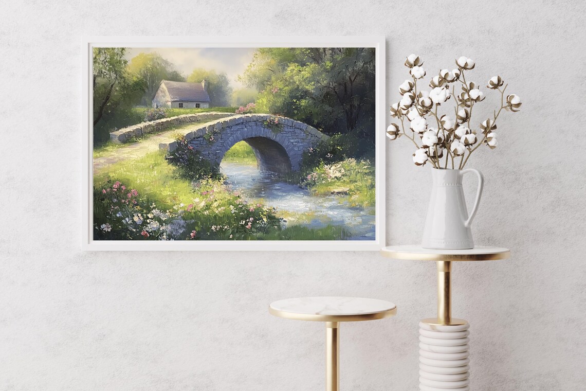 Old Stone Bridge Over Stream With Cottage Vintage Spring Poster - Image 5