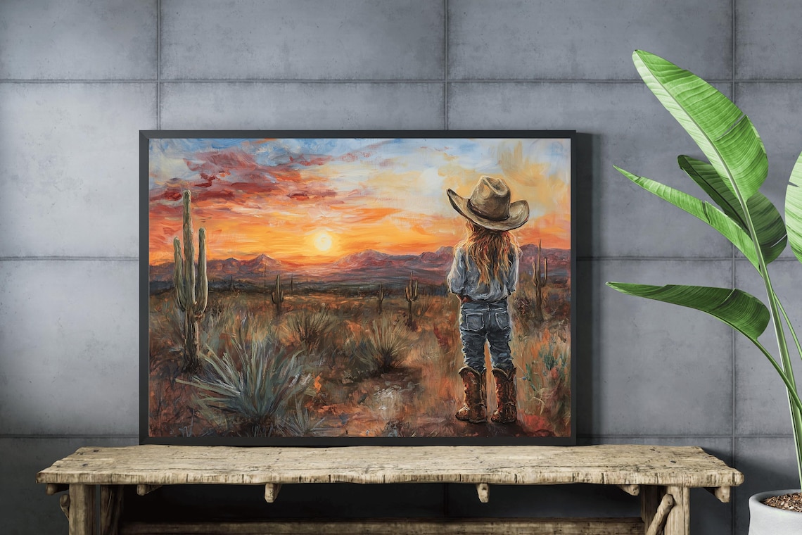 Little Cowgirl Watching Desert Sunset Saguaros Western Art Print - Image 3