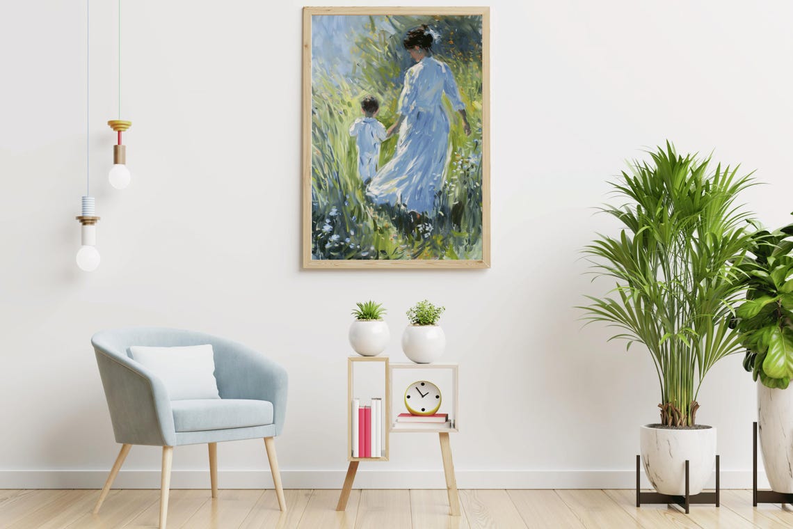 Mother And Child Strolling Through Sunny Meadow Vintage Art Poster - Image 5