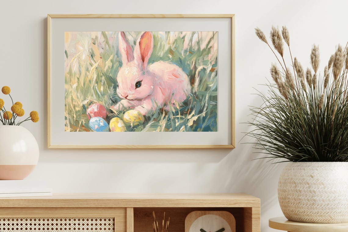 Pink Easter Bunny With Painted Eggs Vintage Spring Grass Art Poster - Image 2