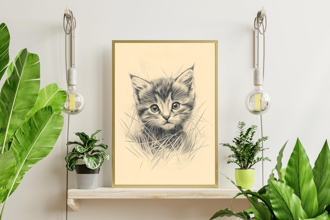 Cute Kitten Pencil Sketch Vintage Cat Drawing Nursery Wall Art Poster - Image 2