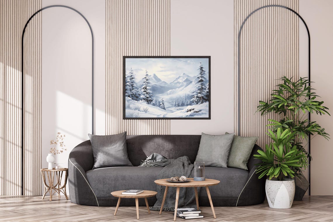 Snowy Mountain Valley Frosted Pines Classic Winter Oil Painting Print - Image 3