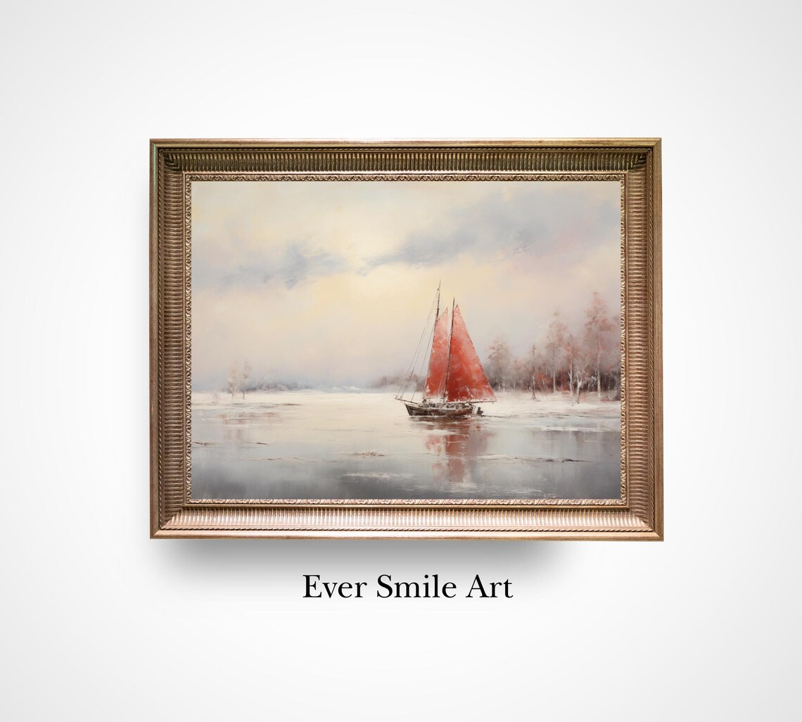 Red Sails Sailboat Calm Silver Waters Vintage Nautical Oil Painting