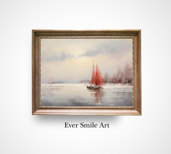 Red Sails Sailboat Calm Silver Waters Vintage Nautical Oil Painting