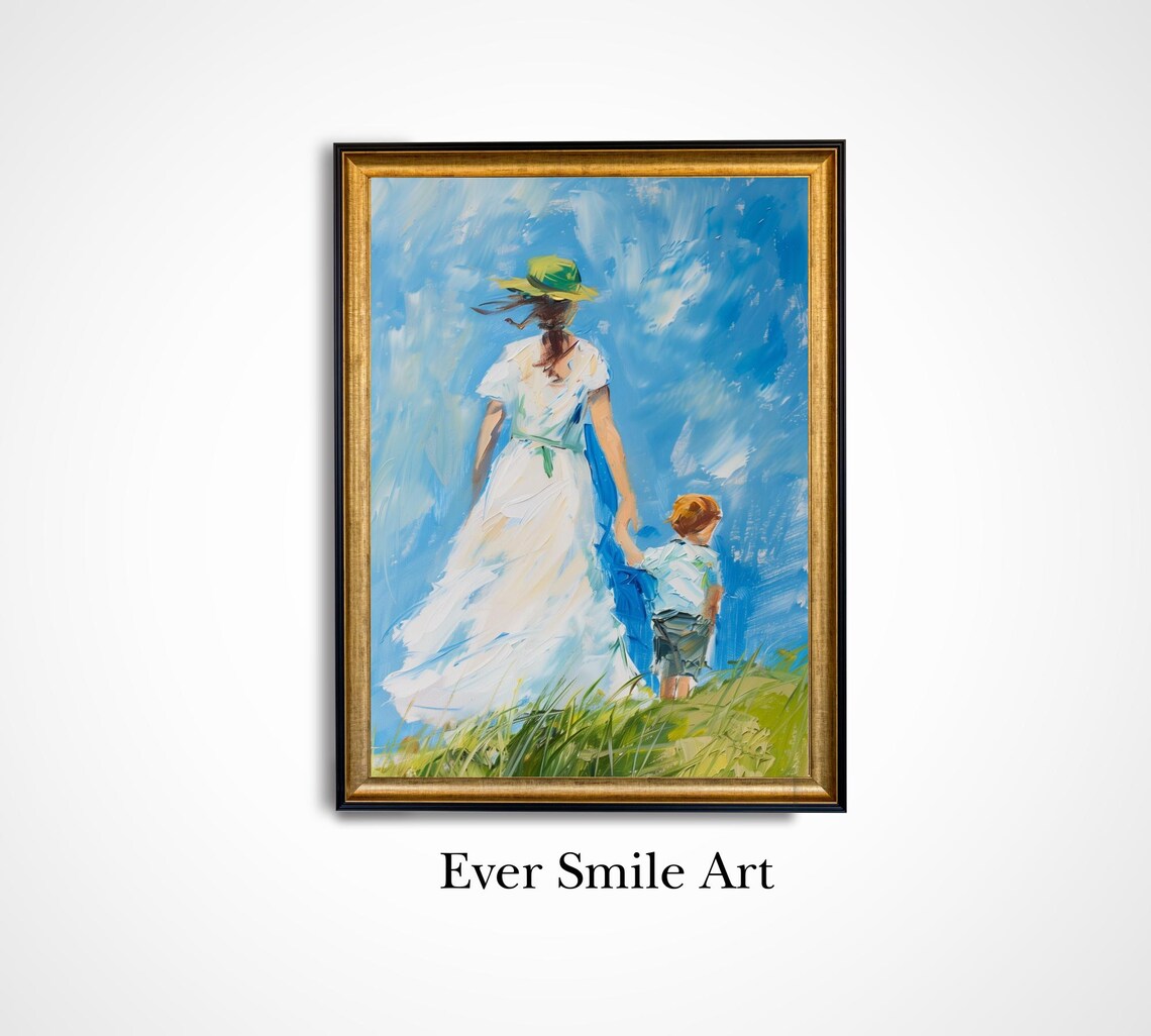 Mother And Child Walking In Summer Field Vintage Oil Painting Poster