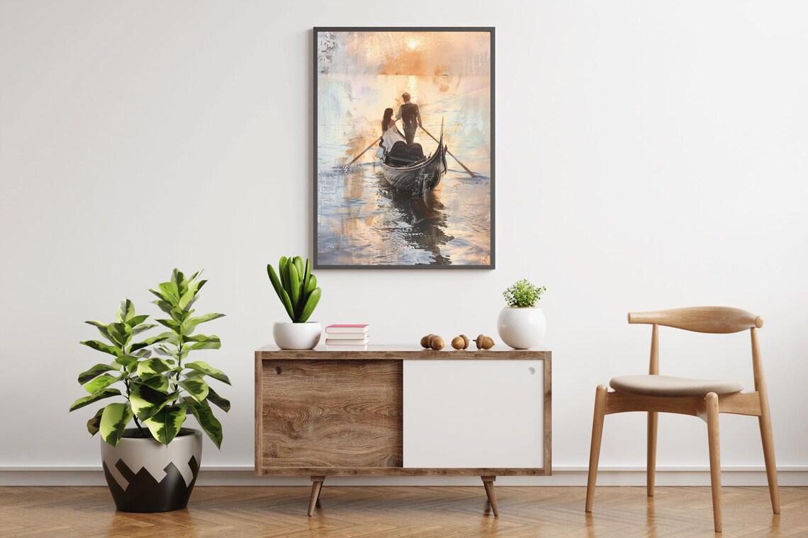 Romantic Couple Gondola Ride Golden Sunset Vintage Oil Painting Print - Image 4