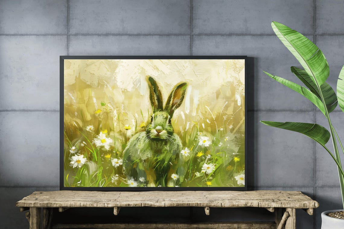 Green Bunny Among Daisies Vintage Spring Wildflower Rabbit Art Poster - Image 3