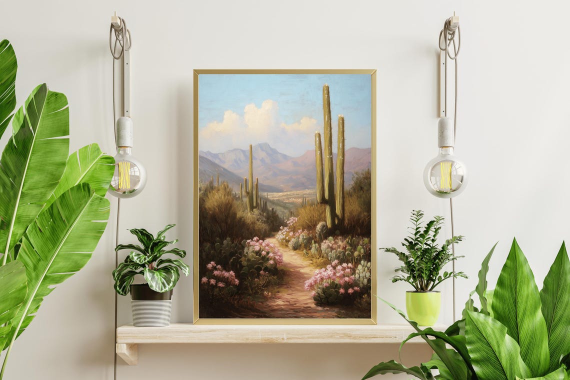 Desert Trail Pink Blooming Cacti Saguaro Mountain Landscape Poster - Image 2