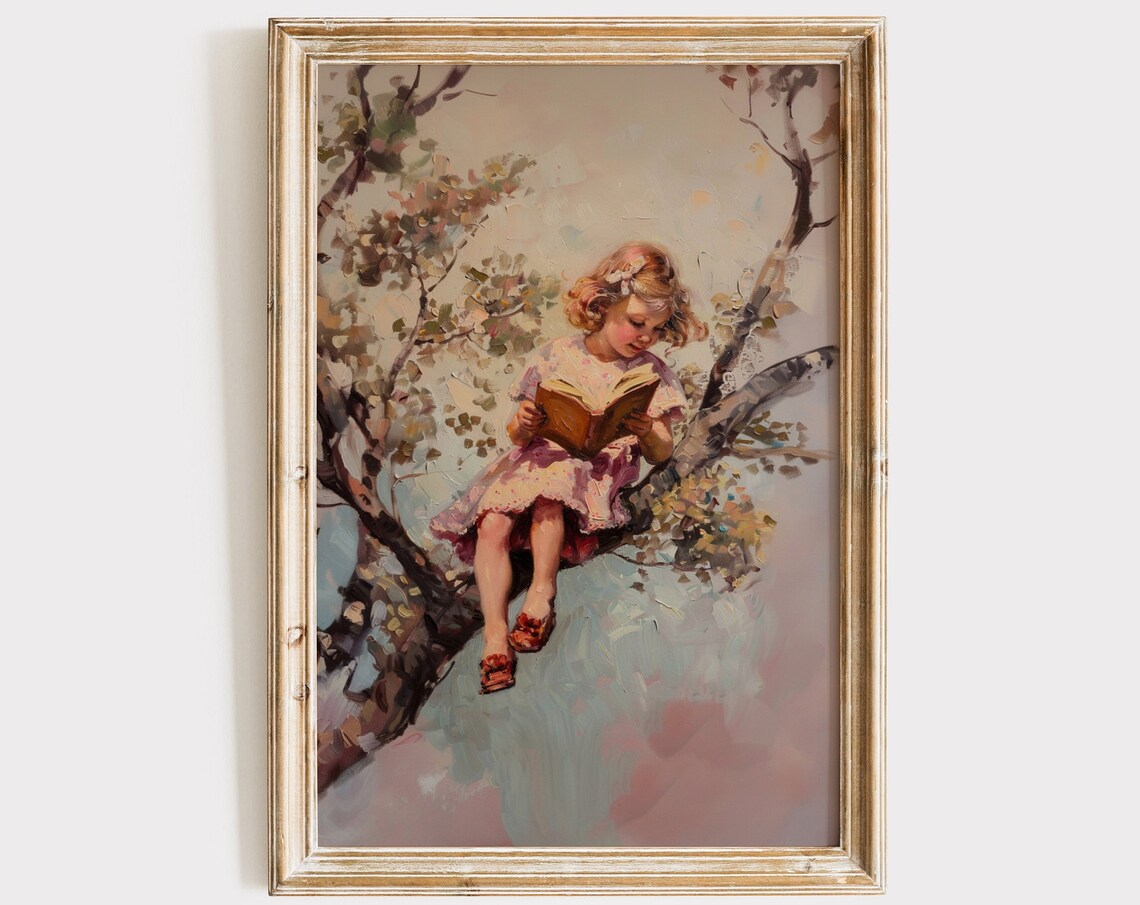 Little Girl Reading in a Tree Vintage Oil Painting Girls Room Poster