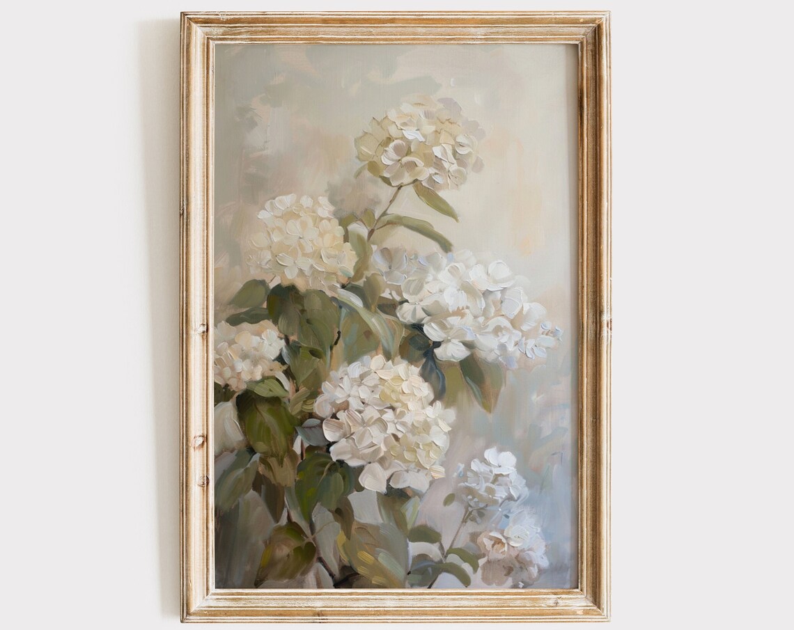 Vintage Hydrangea Painting, Rustic Farmhouse Floral Art Print