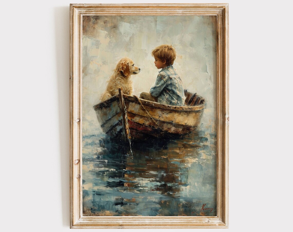Vintage Boy And Dog On Boat Art Print, Boys Room