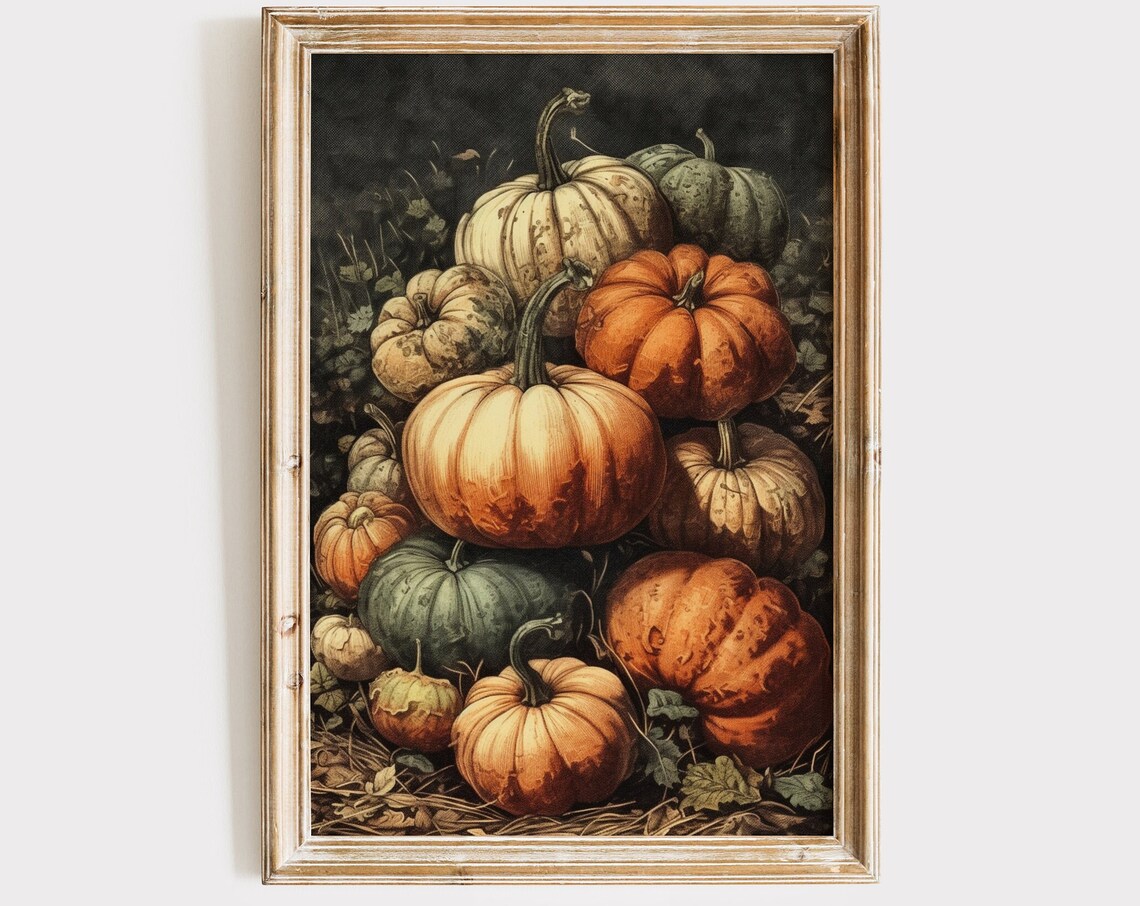 Stacked Orange White Green Pumpkins Vintage Still Life Poster