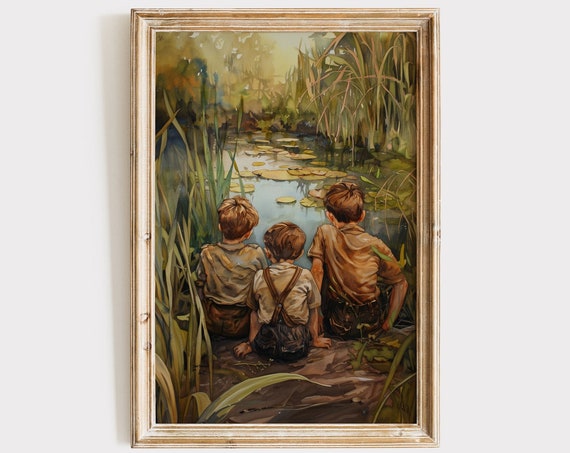 Vintage Boys Room Art Boy By Pond Oil Painting Print Wall Art Nursery Decor Farmhouse Kids Room Artwork