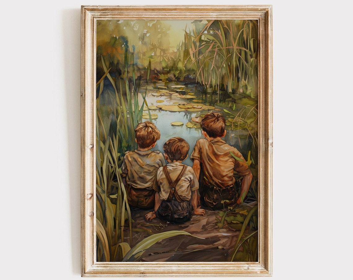 Vintage Boys Room Art Boy By Pond Oil Painting Print Wall Art Nursery Decor Farmhouse Kids Room Artwork