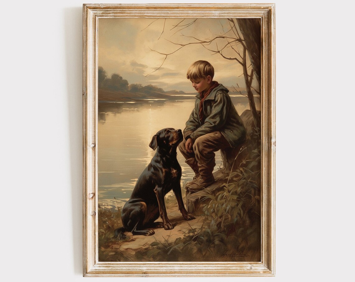 Boy and Dog by Pond, Vintage Farmhouse Art Print