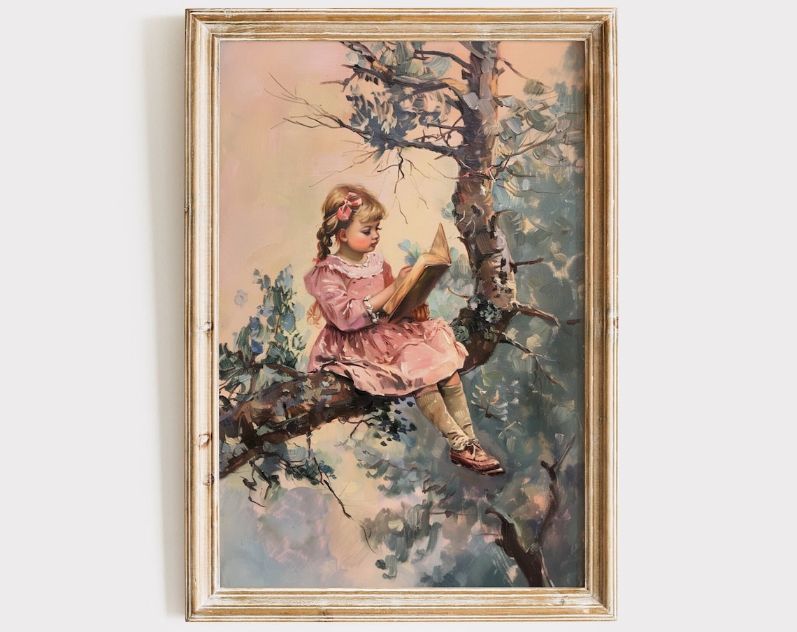 Little Girl In Pink Dress Reading Book In Tree Vintage Art Print