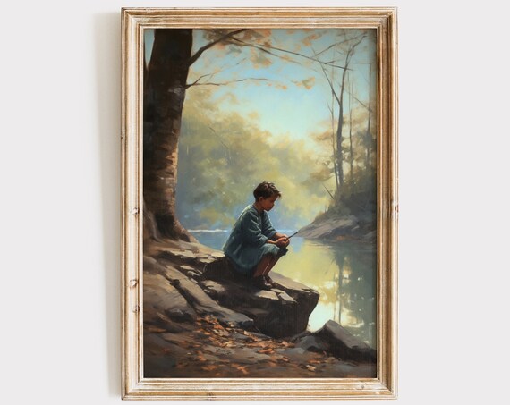 Vintage Boy By Pond Art Print, Boys Nursery Decor