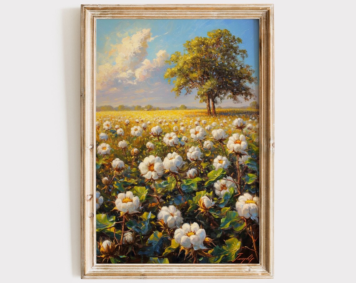Cotton Field Bloom Lone Oak Tree Blue Sky Sunny Farm Landscape Poster