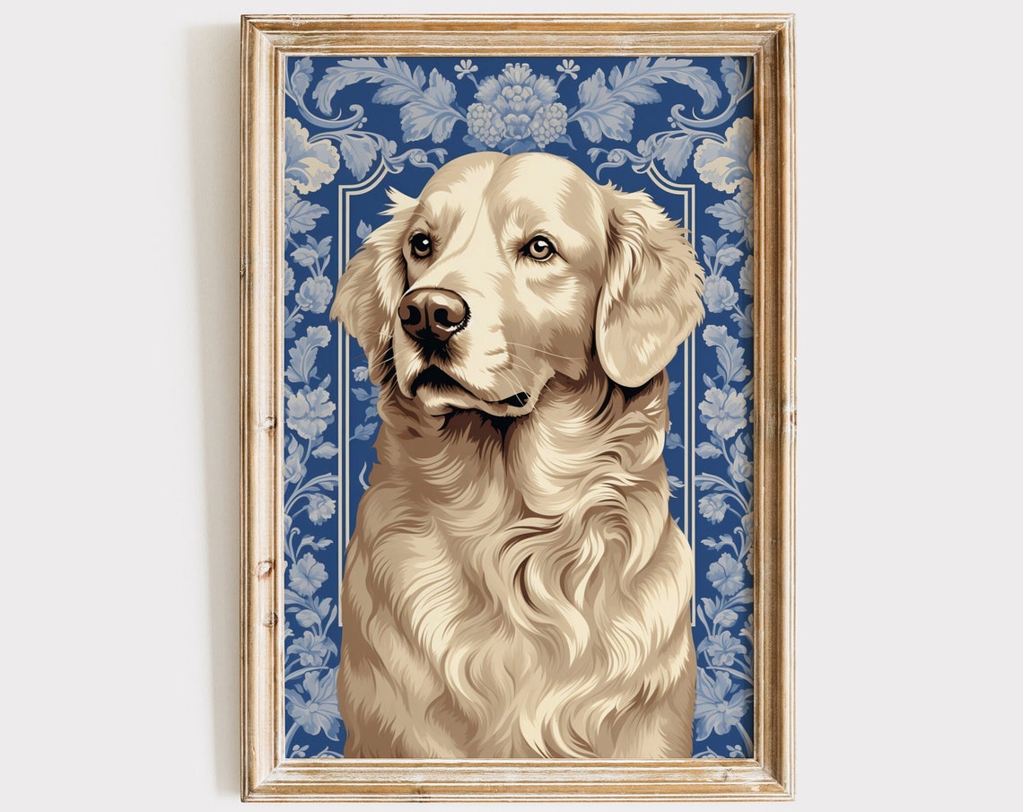 Golden Retriever Portrait Blue Floral Chinoiserie Dog Wall Art Poster