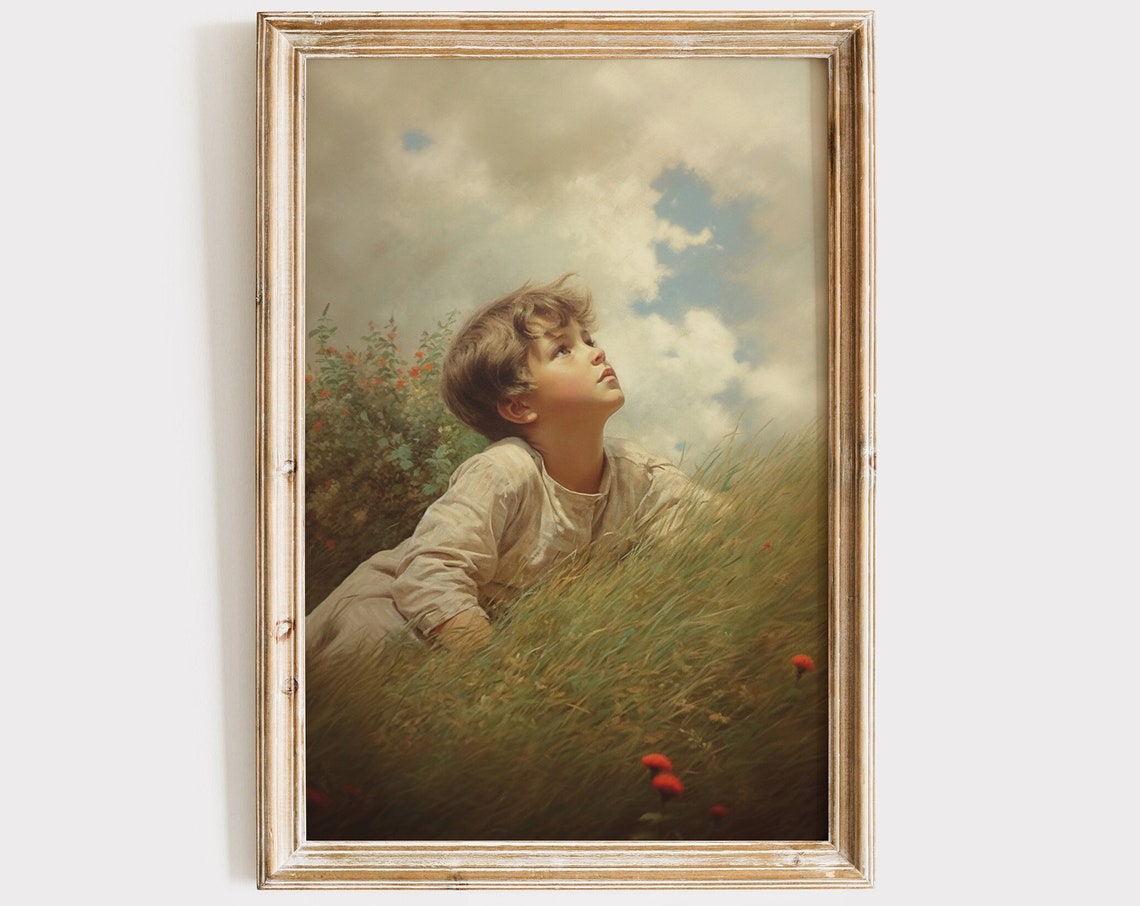 Boy Lying in Tall Grass Poppies Dreamy Sky Vintage Art Nursery Print
