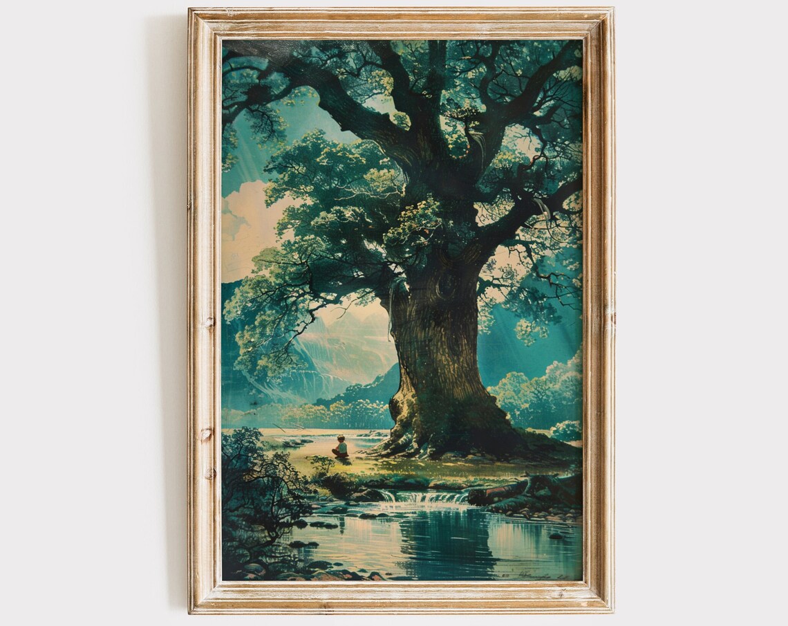 Vintage Boys Room Art Boy Under Tree Painting Wall Art Antique Kids Nursery Decor