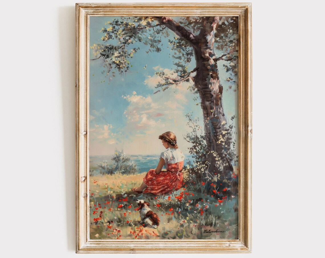 Vintage Girl And Dog Under Tree Art Print