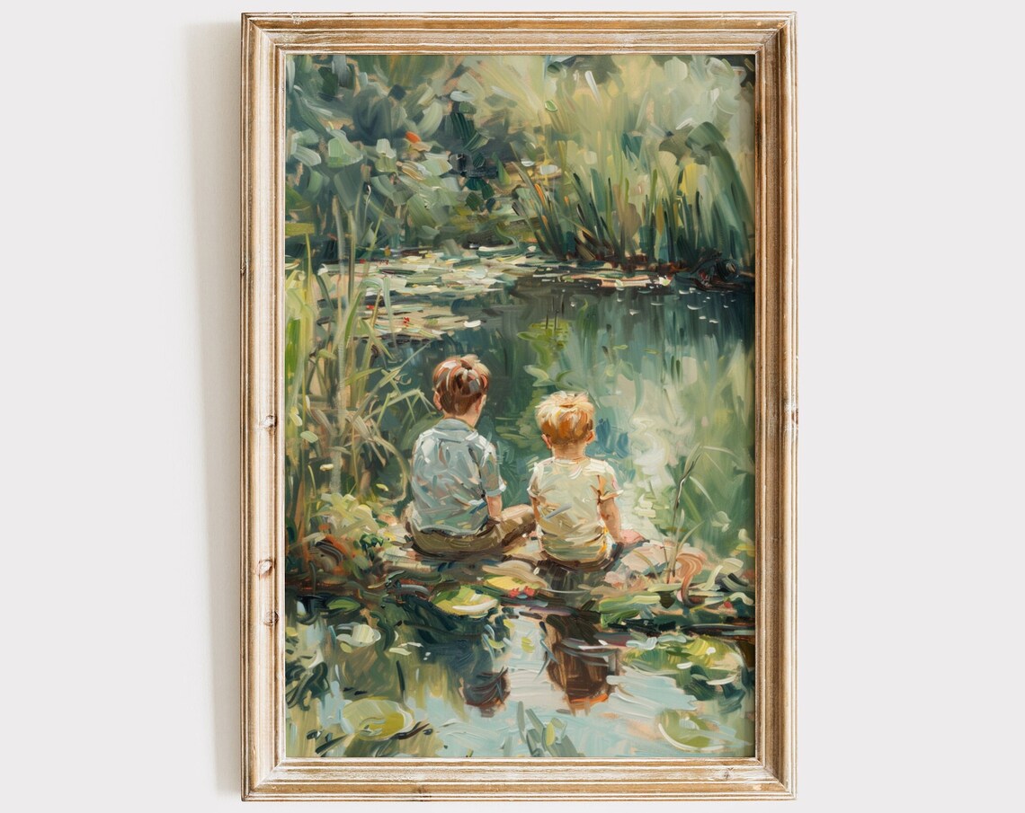 Boy By Pond Vintage Art Print, Nursery Decor Farmhouse