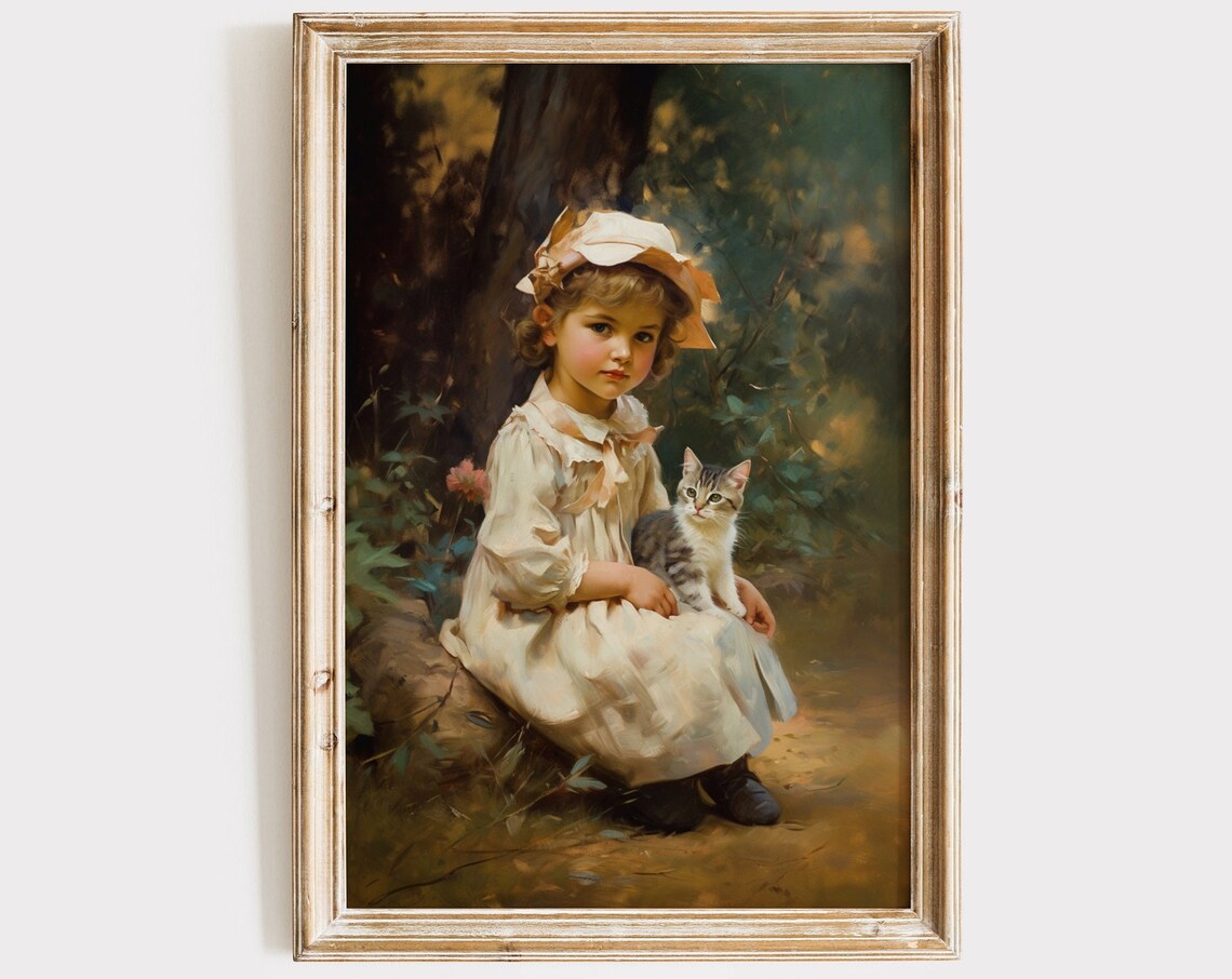 Vintage Little Girl In Bonnet Holding Kitten Garden Portrait Art Print