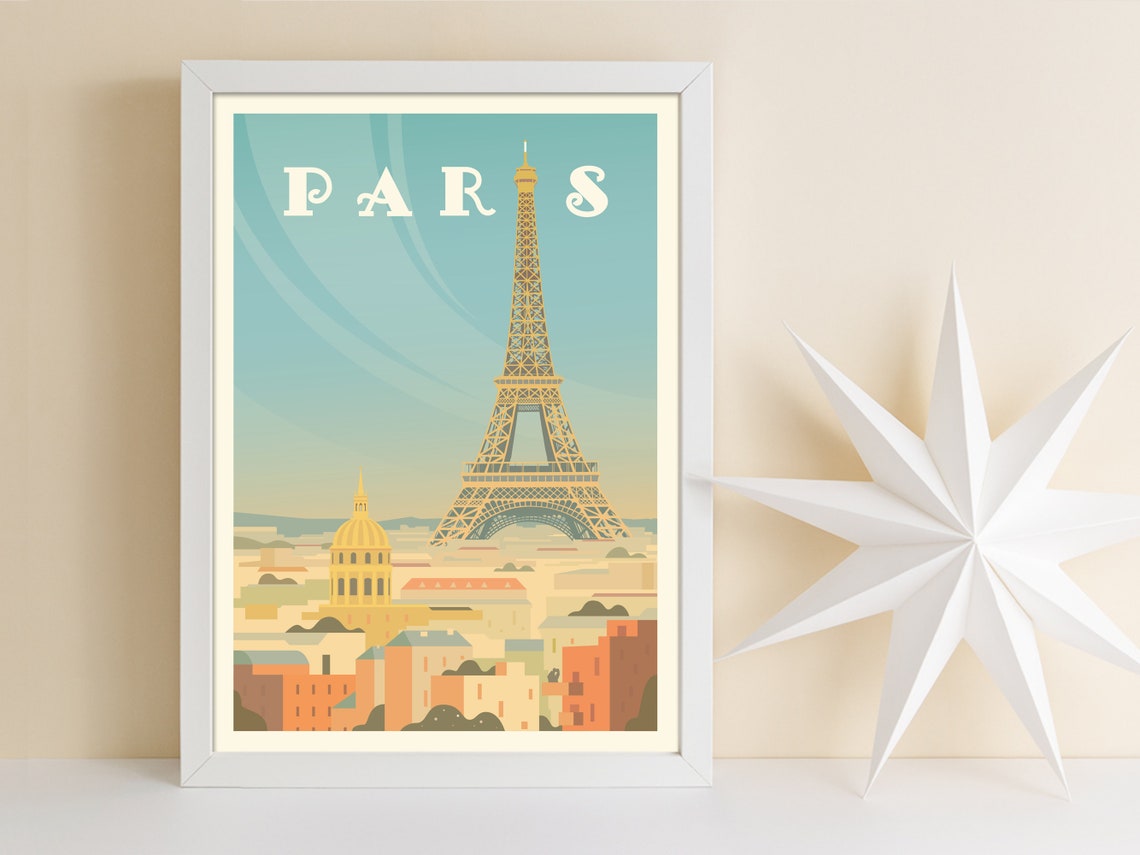 Paris France Eiffel Tower Cityscape Vintage Style Travel Poster