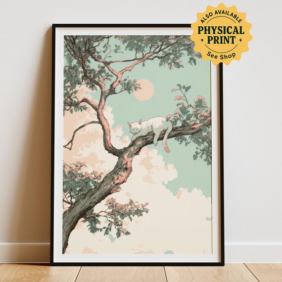 Sleeping White Cat On A Branch Pastel Japanese Japandi Style Art Poster
