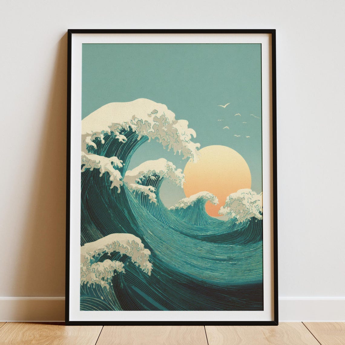 Teal Great Wave Sunset Japanese Style Ocean Wave Surf Poster