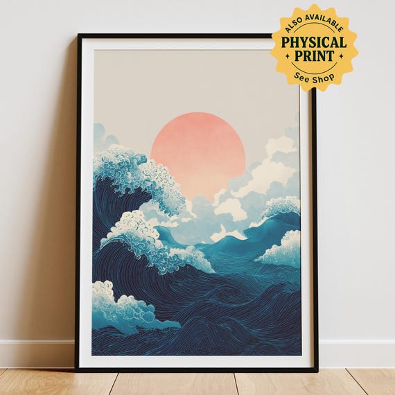 Japandi Wave Wall Art Blue Ocean Waves With Pink Sun Japanese Minimalist Poster Coastal Zen