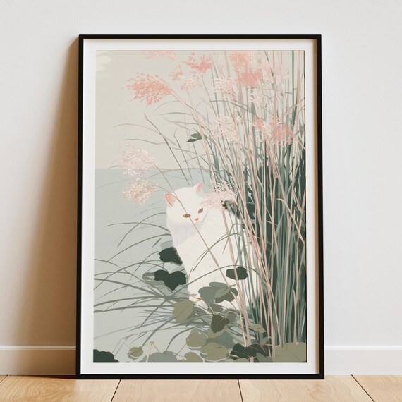 White Cat Behind Tall Grasses Minimalist Botanical Nature Wall Art