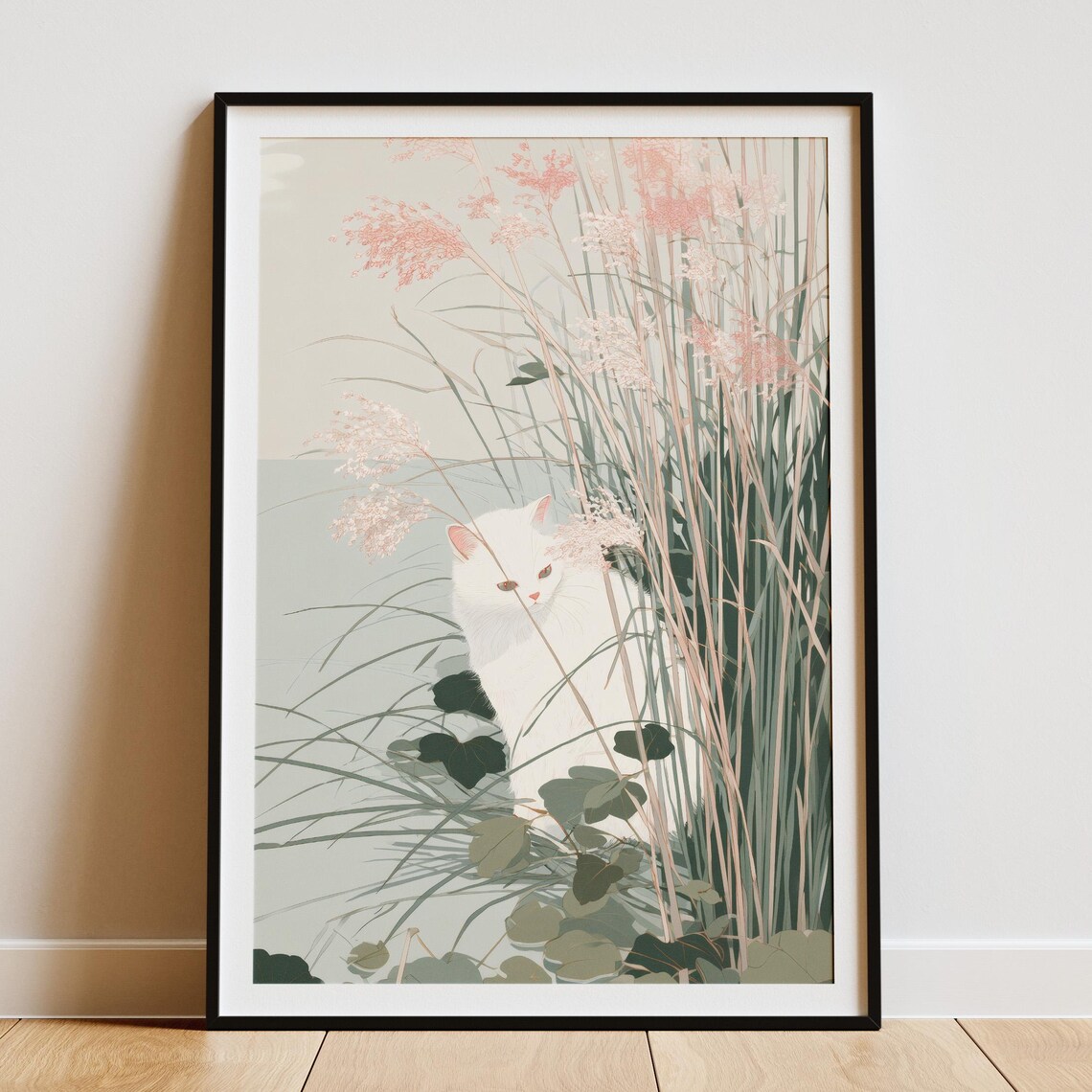 White Cat Behind Tall Grasses Minimalist Botanical Nature Wall Art