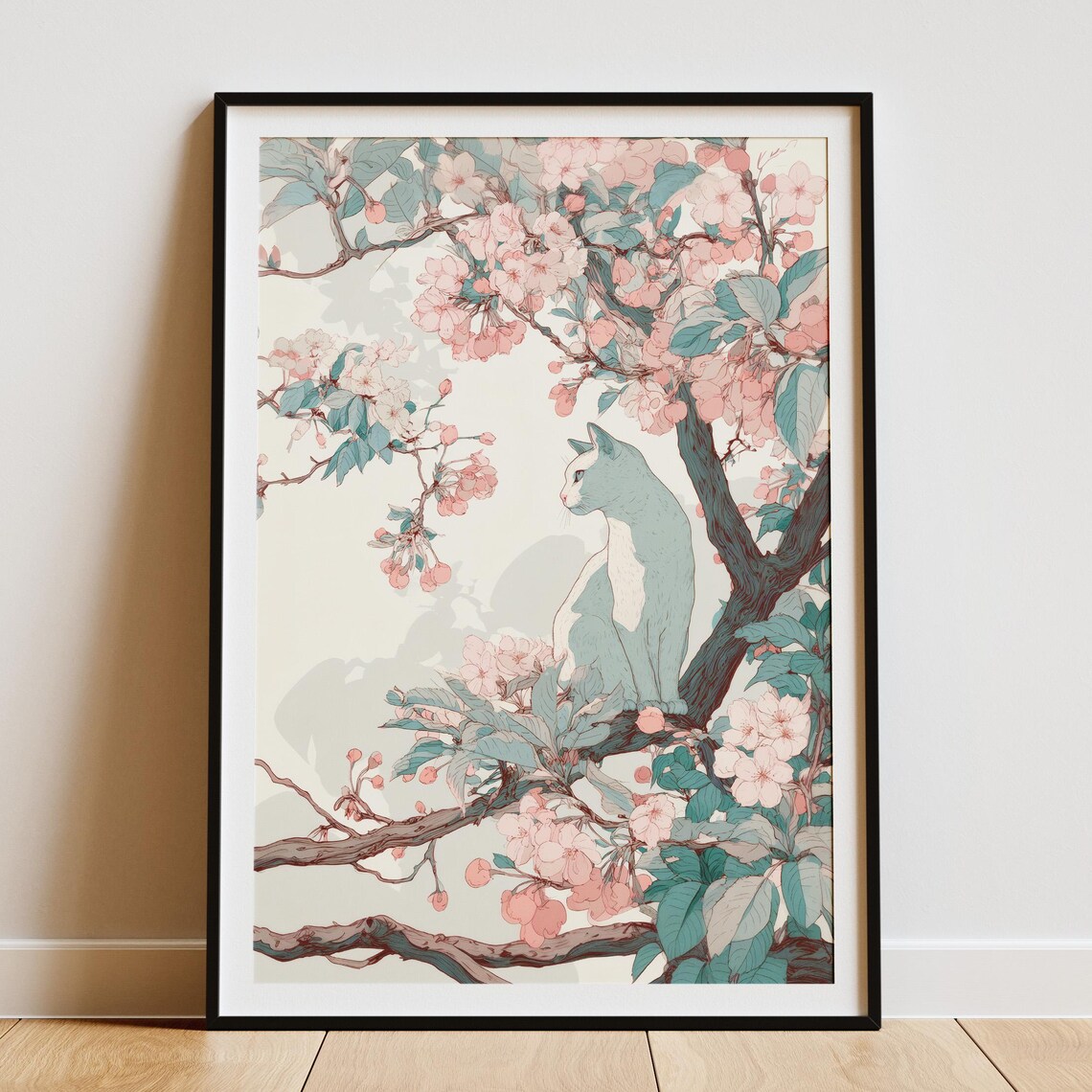 Japandi Cat Among Cherry Blossoms Japanese Style Zen Art Poster