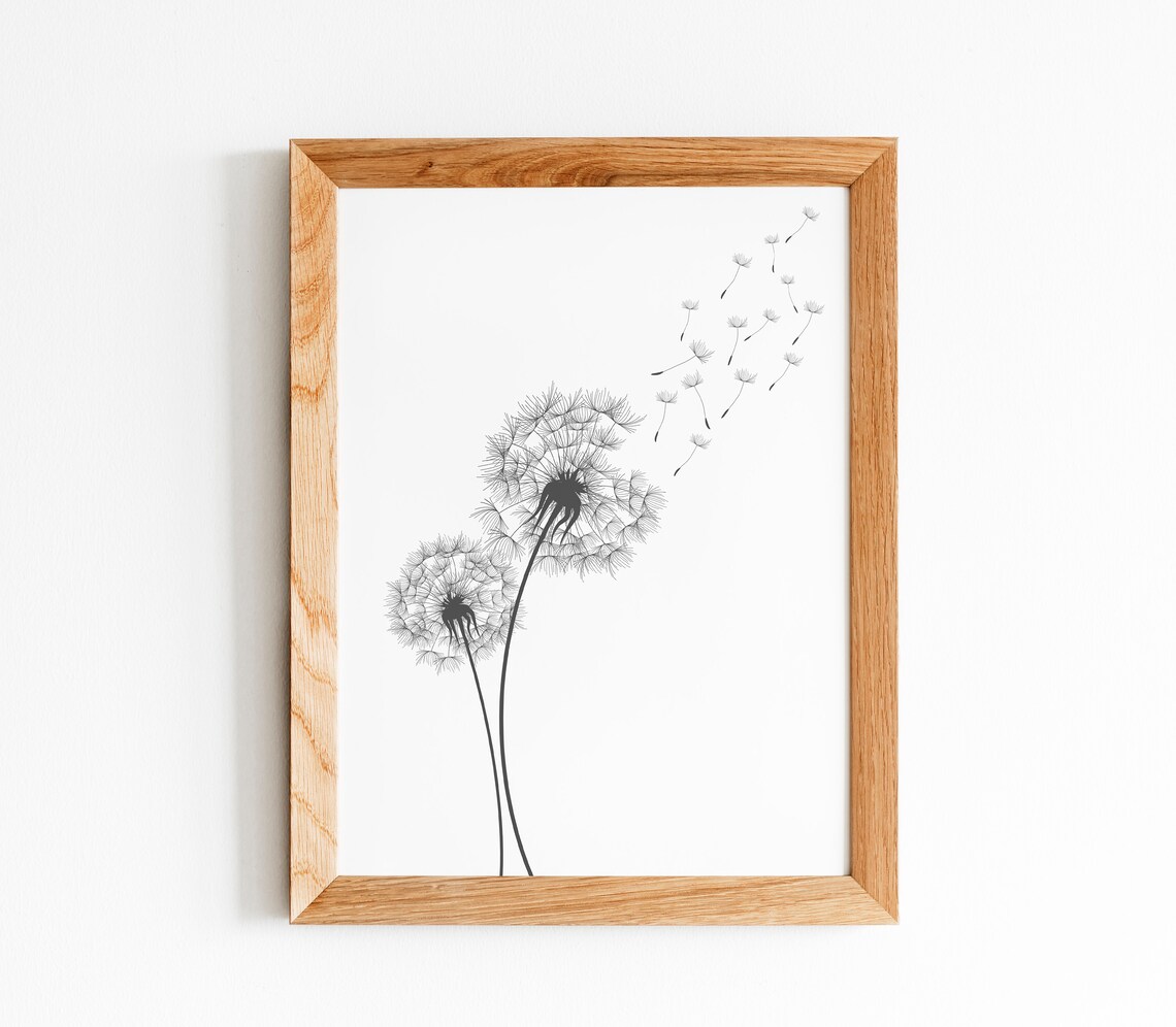 Black and White Dandelion Blowing Seeds Minimalist Art Poster