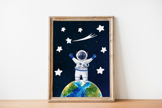 Astronaut Standing on Earth Starry Night Watercolor Art Poster