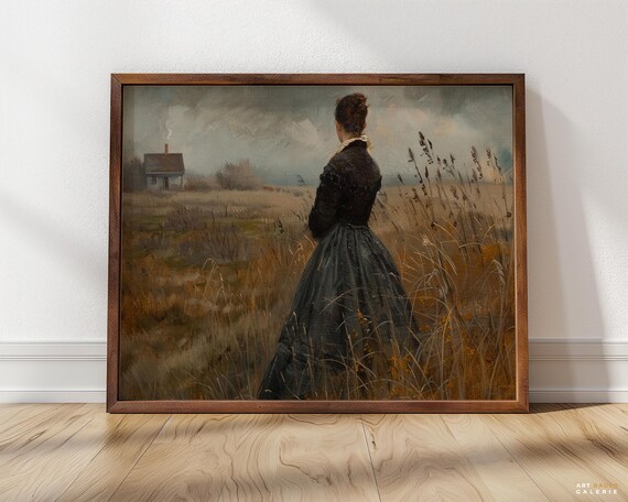 Woman In A Golden Field Farmhouse Moody Cloudy Sky Vintage Painting Poster