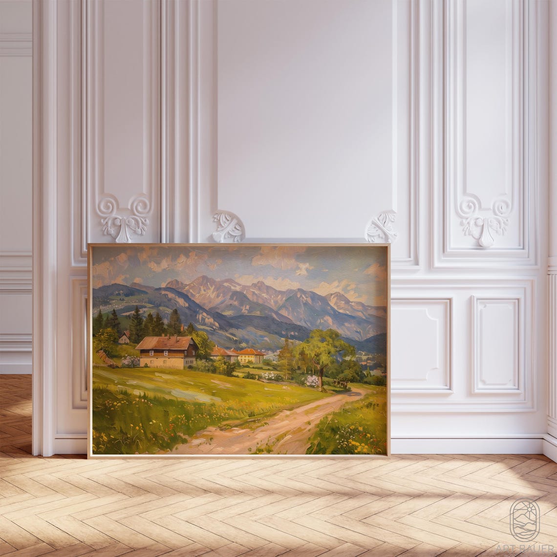 Austrian Alpine Village Spring Chalets Meadows Snowy Peaks Art Poster - Image 3