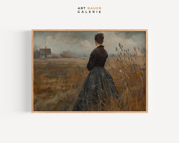 Woman In Golden Wheat Field Vintage Farmhouse Rural Landscape Poster