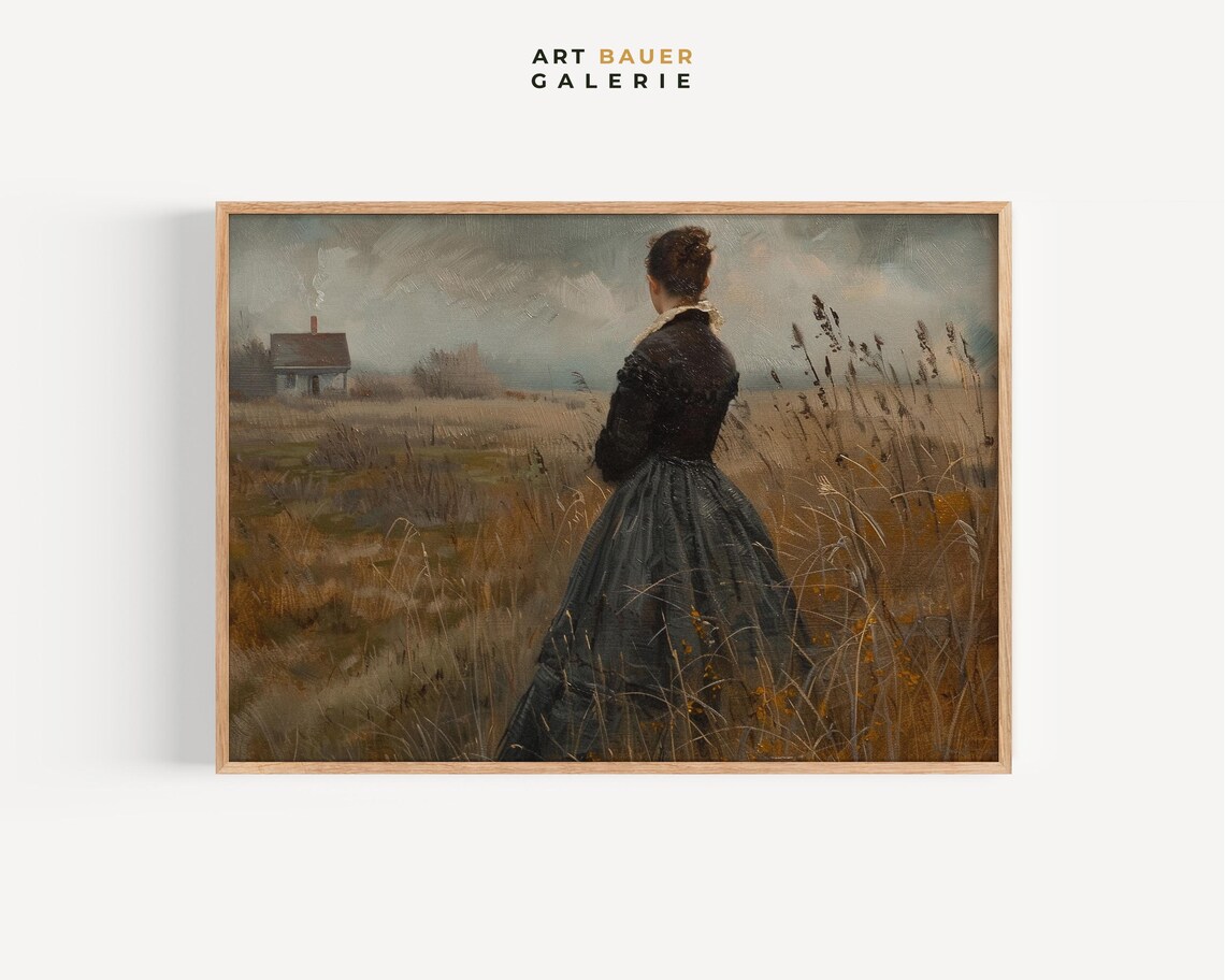 Woman In Golden Wheat Field Vintage Farmhouse Rural Landscape Poster
