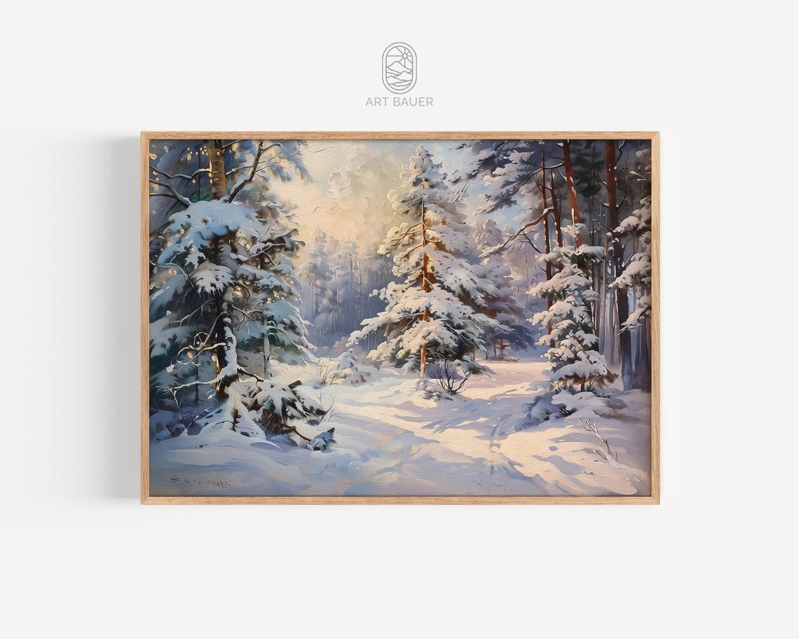 Winter Forest Snowy Pine Trees Sunlit Snow Path Landscape Art Poster