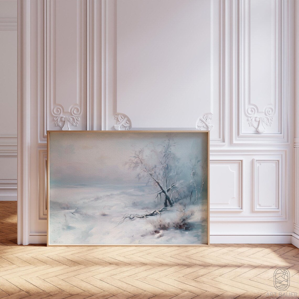 Abstract Winter Landscape Pale Blue Frosty Trees Snowy Field Art Print - Image 4
