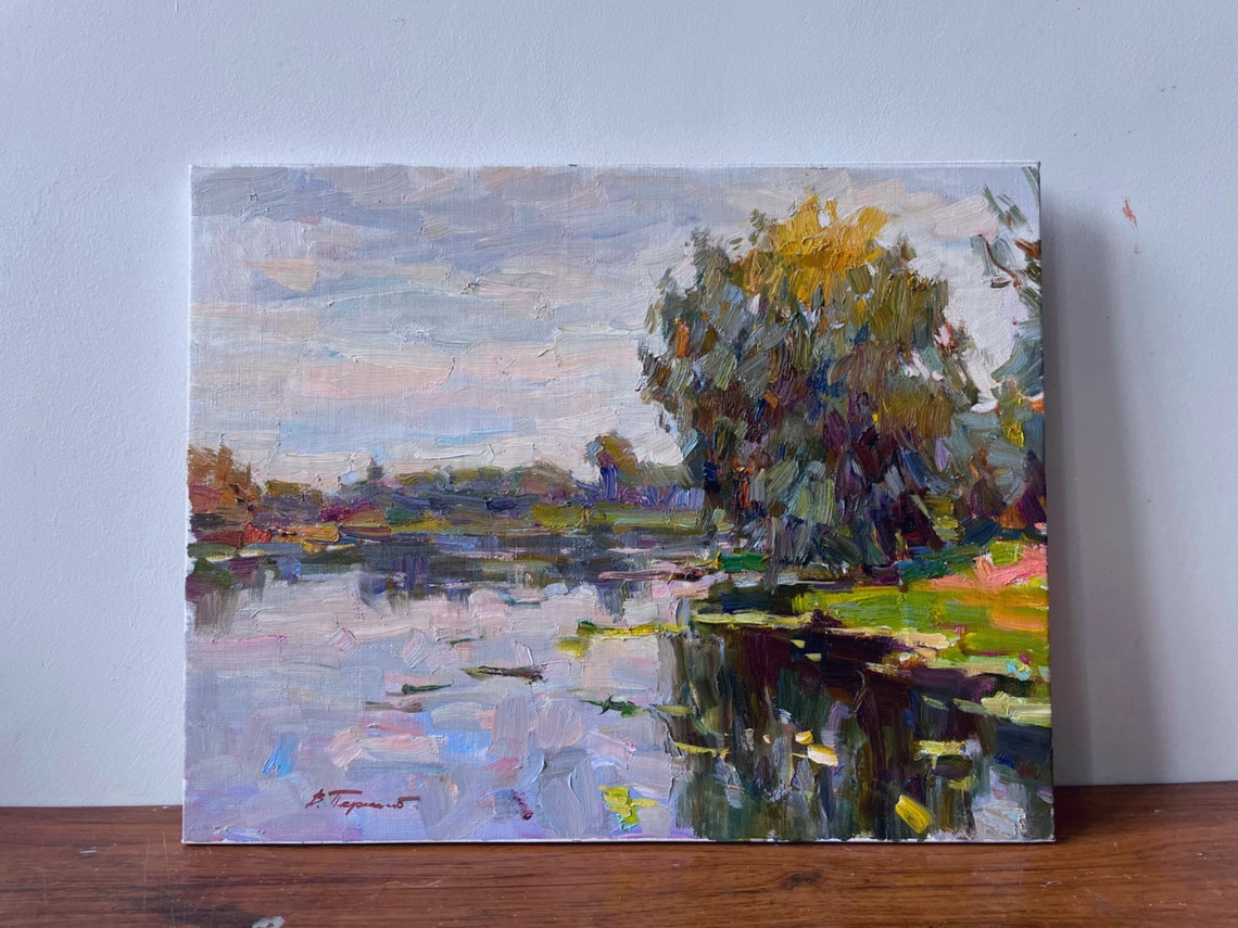 River Tree Reflection Pink Water Impressionist Oil Painting Landscape - Image 5