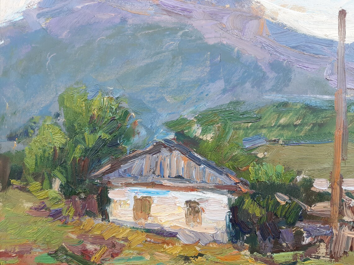 Mountain Village Blue Peaks Rustic Houses Impressionist Oil Painting - Image 3