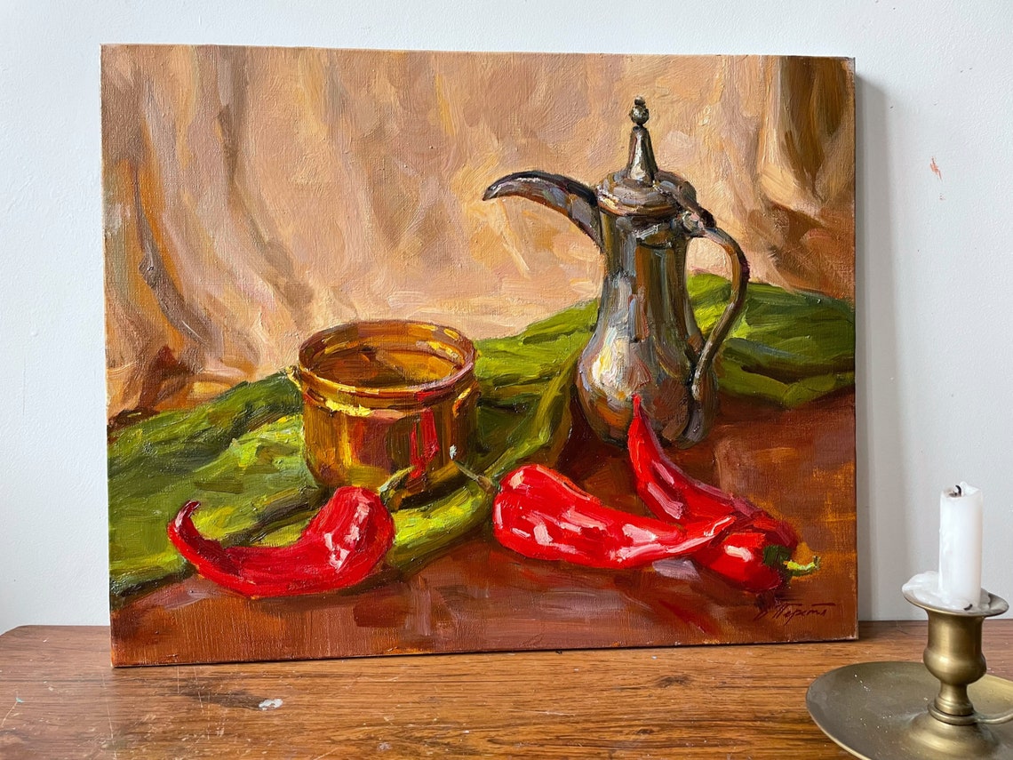 Red Chili Peppers Brass Still Life Kitchen Oil Painting Wall Art - Image 2