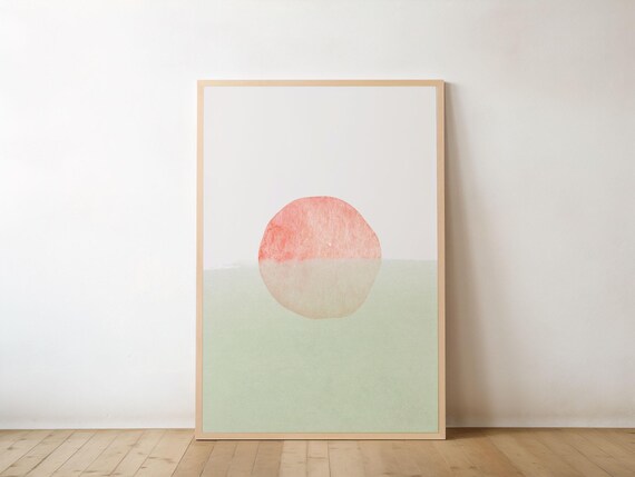 Minimalist Coral Sun Abstract Wall Art Soft Watercolor Sunset Print Modern Pastel Landscape Poster Calm Ocean