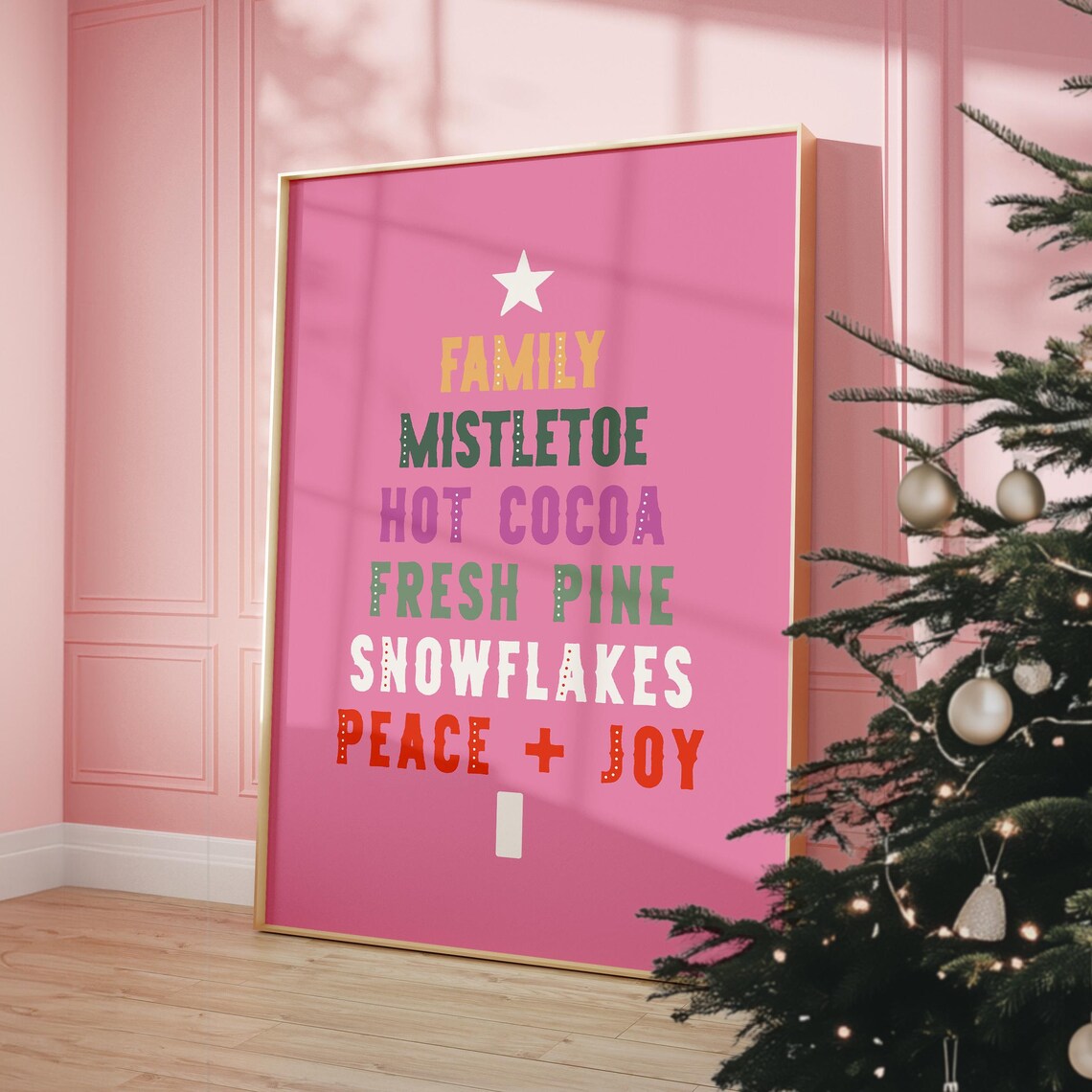 Green Star Christmas Tree Word Art Fresh Pine Snowflakes Poster - Image 3